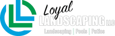 Logo for Loyal Landscaping LLC. Features a stylized green and blue "LL" design on the left. Text reads: "Loyal Landscaping LLC" in bold, with "Landscaping | Pools | Patios" underneath in smaller font.