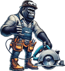 A cartoon gorilla dressed as a construction worker holds a power saw. It wears a hard hat, goggles, and a tool belt with various tools. The gorilla gives a thumbs-up with one hand.