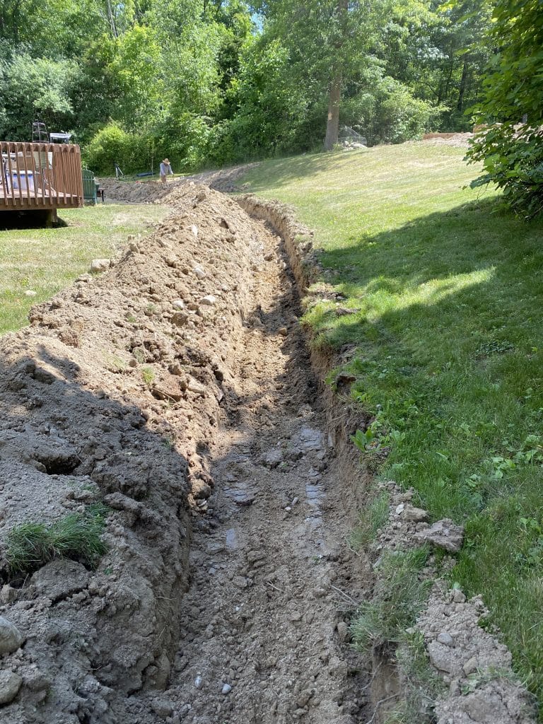 Trench excavated for drainage of soggy lawn. Trench excavated for drainage