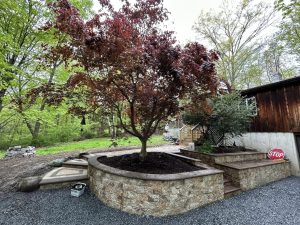 Retaining wall, steps and walkway with landscaping sections