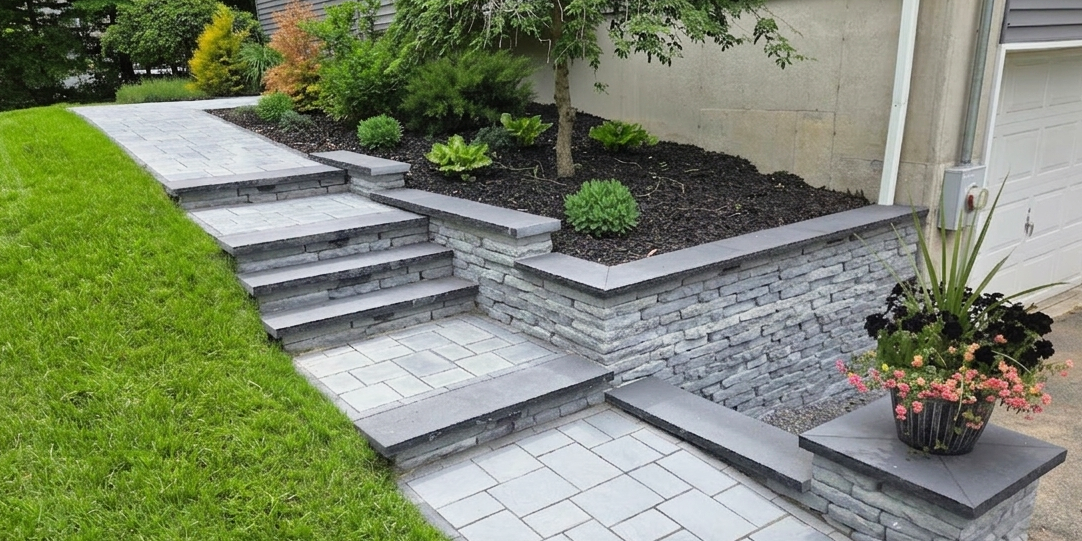 Expert hardscaping creates stone steps and pathway leading to a beautifully landscaped house.