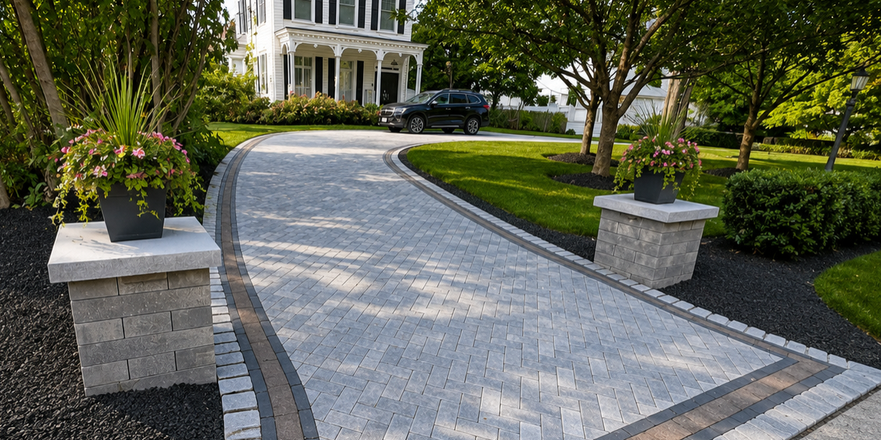 Curved stone driveway from our hardscaping services, lined with trees and planters, leads to a white house.