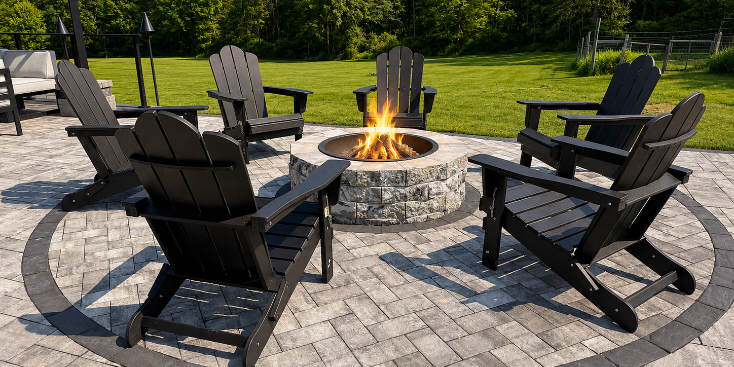 Six Adirondack chairs circle a stone fire pit on a paved patio, displaying expert hardscaping services.