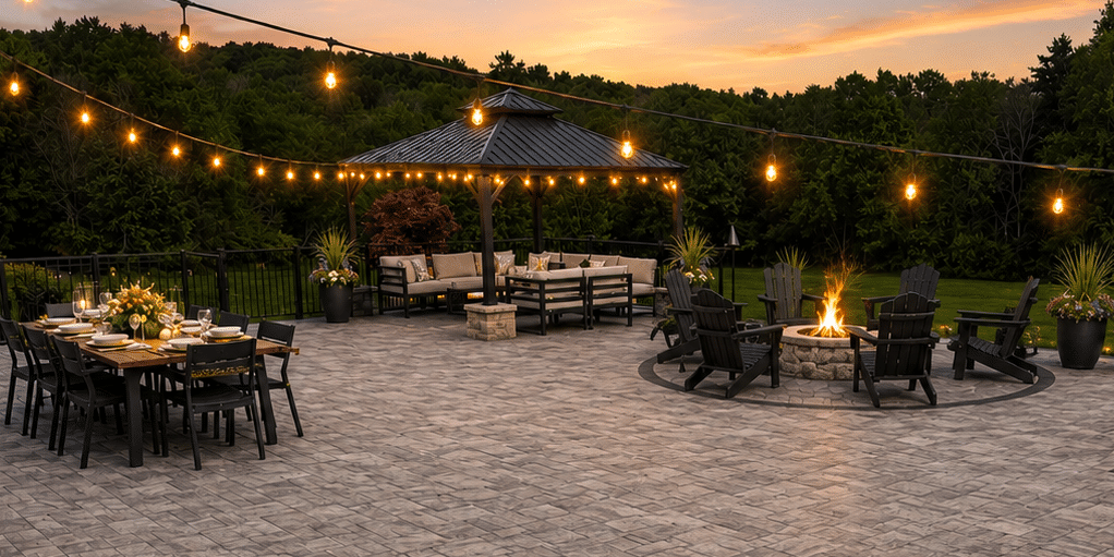 Spacious patio featuring string lights, a gazebo, dining table, lounge area, firepit, and hardscaping.