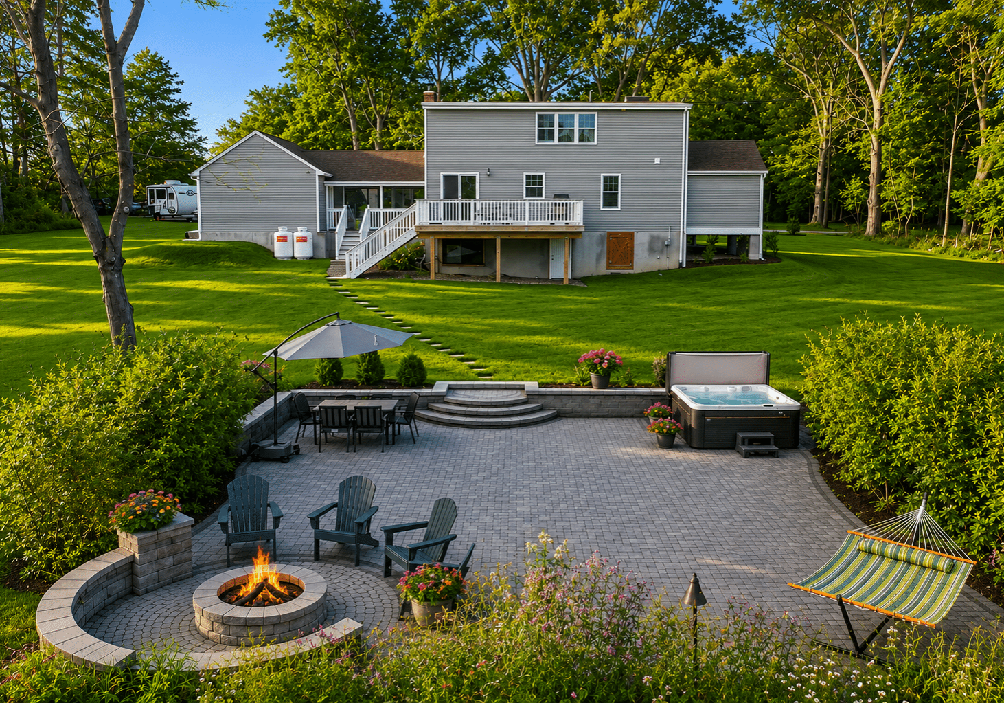 A backyard features a fire pit, chairs, hot tub, and patio table as part of expert Patio Design services.
