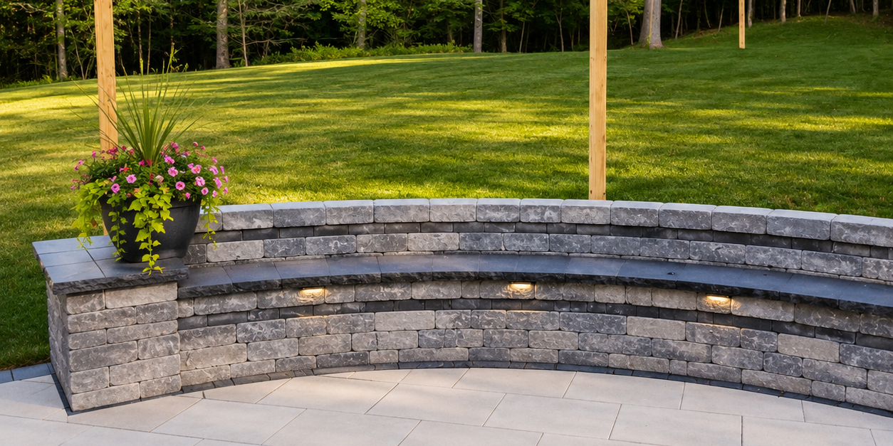 Curved stone patio bench with built-in lights and potted flowers highlights expert hardscaping in a grassy yard.