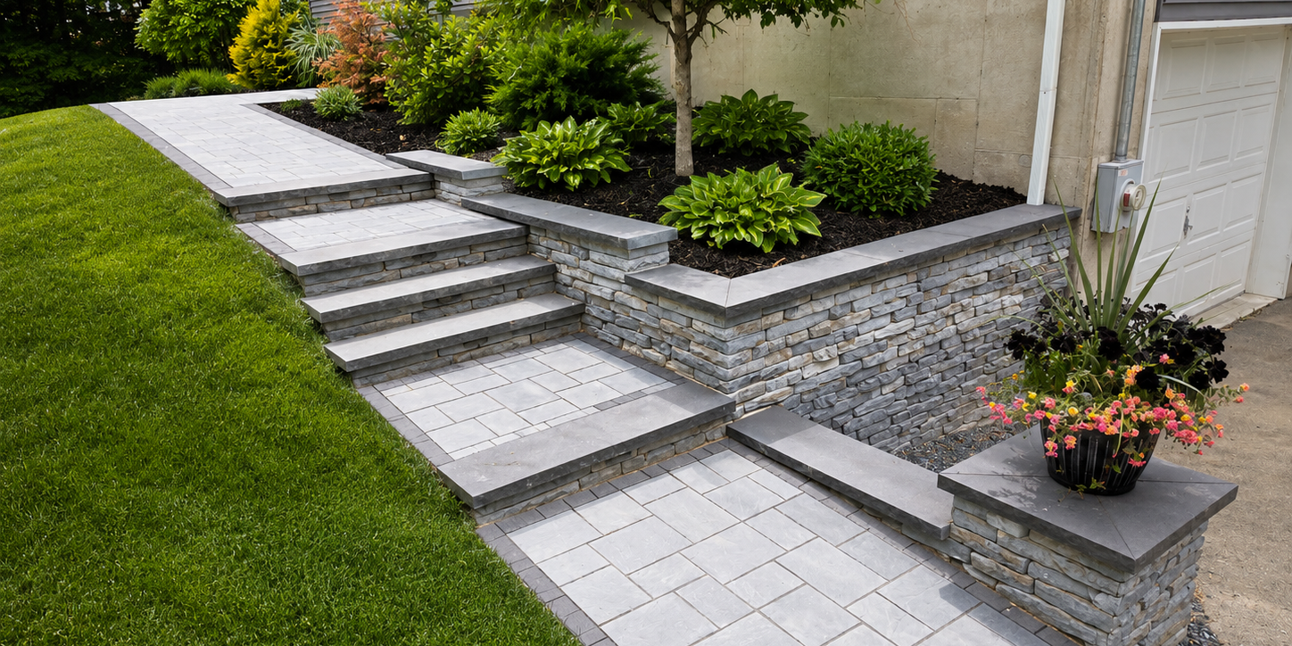 Stone steps with tiered retaining walls, pavers, lush greenery, and a flower pot by hardscaping services.