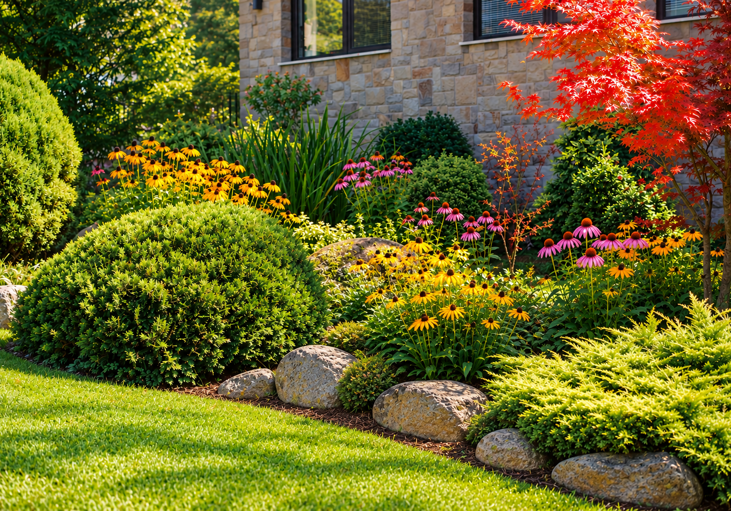 Loyal Landscaping Sunlit Garden Border with Red Maple and Coneflowers