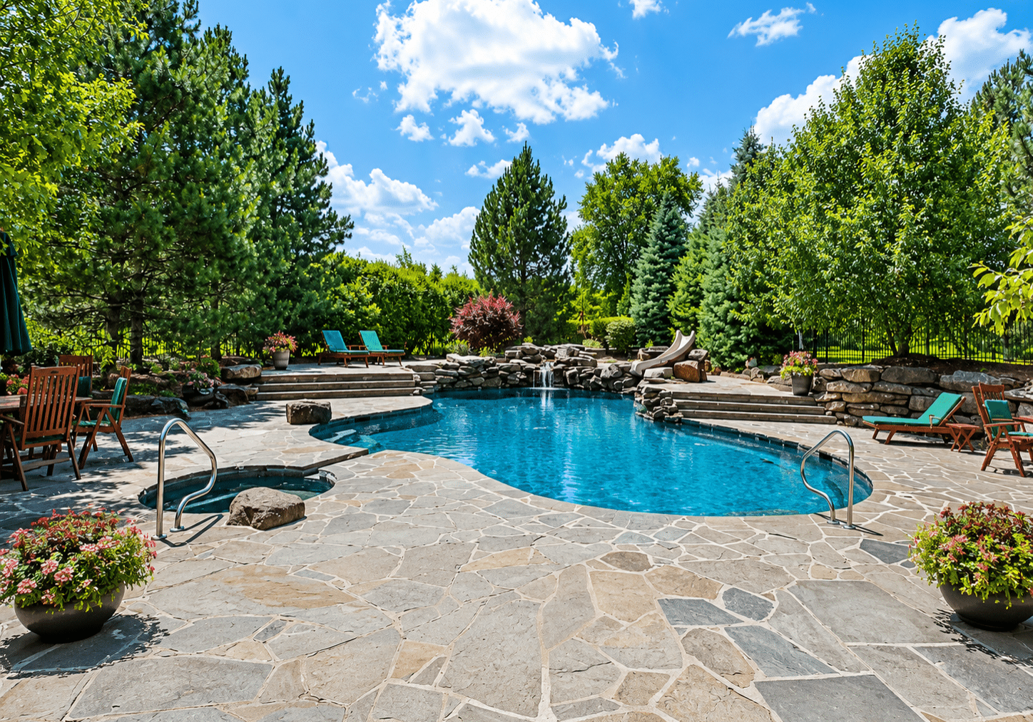 A backyard pool with stone patio, lounge chairs, lush plants, and trees shows expert Patio Design.